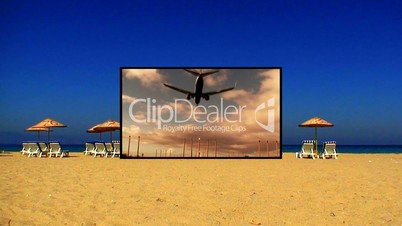 Sunloungers on a sandy beach with clear blue sky montage 5