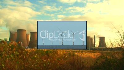 Alternative energy montage showing coal fired power station with wind turbines in overlay