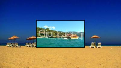 Sunloungers on a sandy beach with clear blue sky montage 6
