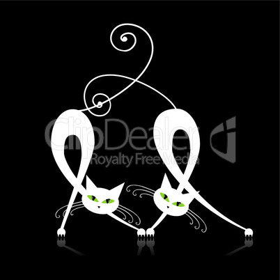 Two graceful white cats, silhouette for your design