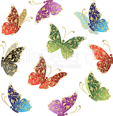 Beautiful art butterfly flying, floral golden ornament