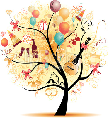 Happy celebration, funny tree with holiday symbols