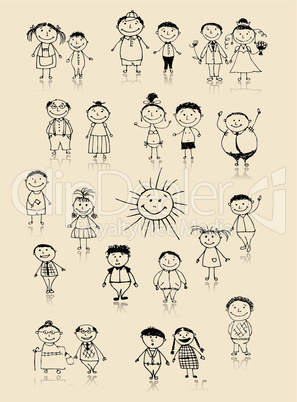 Happy big family smiling together, drawing sketch