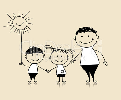 Happy family smiling together, father and children, drawing sketch