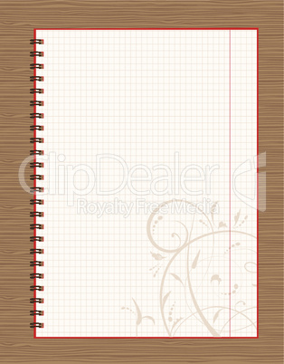 Notebook open page design on wooden background