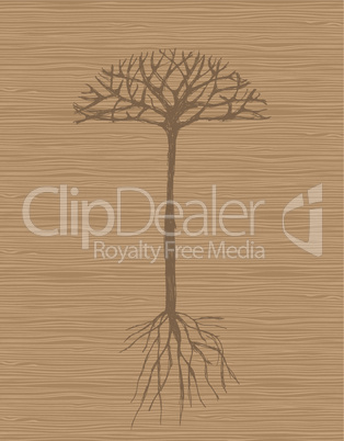 Art tree with roots on wooden background