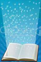 open book with alphabets flying