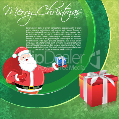 santa in merry christmas card with gifts