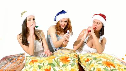 Girls with pipe and firecracker - christmas scene