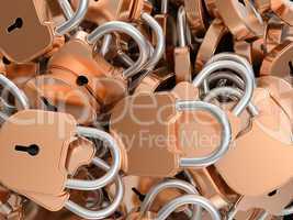 Close-up of locked brass padlocks