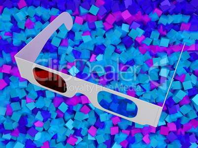 Modern cinema 3D glasses on colorful cubes