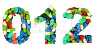 Pills font 0 1 and 2 numerals isolated