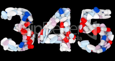 Pills font 3 4 and 5 numerals isolated