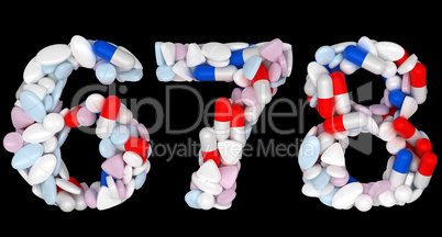 Pills font 6 7 and 8 numerals isolated
