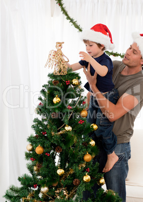 Cute son decorating the christmas tree with his father