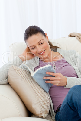 Cute woman reading a romance sitting on the sofa
