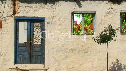 Looking through old cottage window at colorful autumn leaves 10