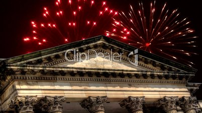 Colorful fireworks explode over ancient city building 7