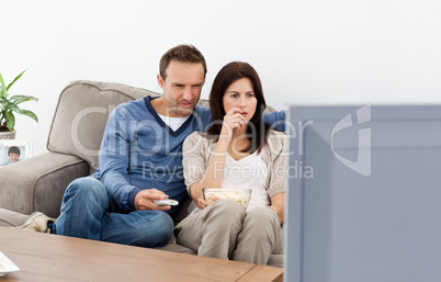 Attentive couple watching a horror movie on the television