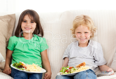 Happy brother and sister having TV dinner