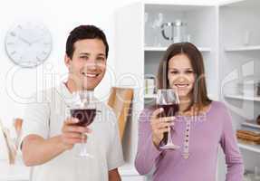 Young couple toasting with glasses of red wine