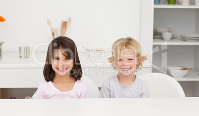 Lovely brother and sister sitting at a table in the kitchen