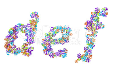Sweet candy font D E F letters isolated