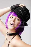 Disco girl with purple hair, hat and collar