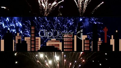 Fireworks exploding behind cityscape illustration 2