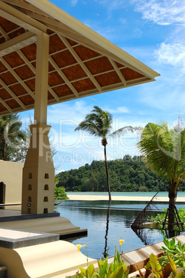 Palm tree at the beach and swimming pool, Phuket, Thailand