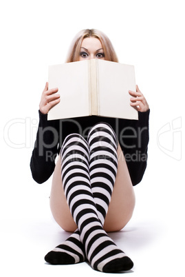 young woman hide about book