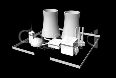 3D Kernkraftwerk auf schwarzem Hintergrund