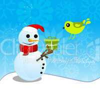 christmas card with snowman and bird