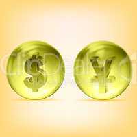 transparent dollar and yen balls