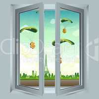 open window with dollar parachute
