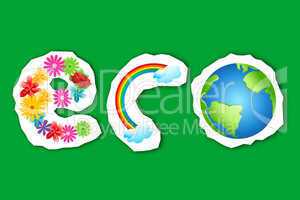 eco text in flower, rainbow and globe