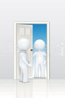 3d characters welcoming at door