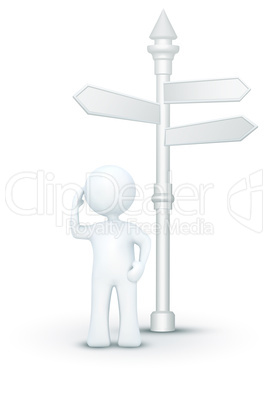 confused 3d character standing under direction board