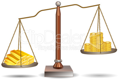 beam balance with dollar coins and gold bars