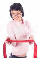 Woman with red tape