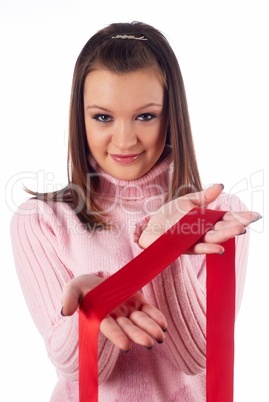 Woman with red tape