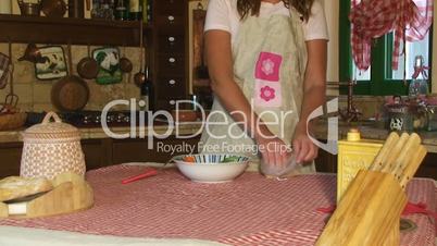 kitchen country table woman omelette baking grate bread