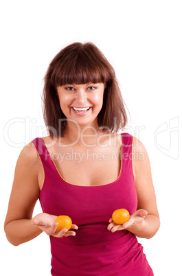 Young woman - gorgeous breast and small mandarines