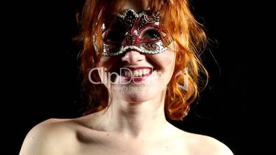 Red Woman in mask smile - emotions in focus