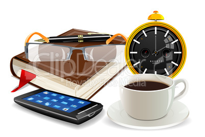 clock, diary, cup and spectacles