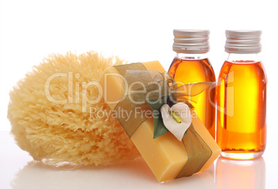 bottles with essential oils and sponge