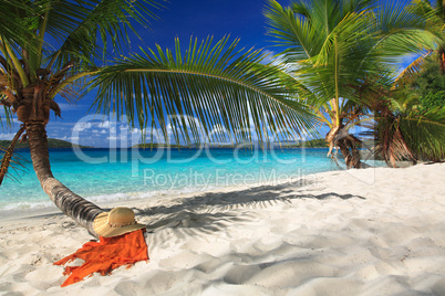 hat and sarong under a palm tree on a tropical beach
