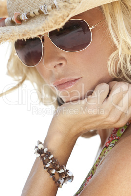 Sexy Blond Girl In Aviator Sunglasses and Straw Cowboy Hat