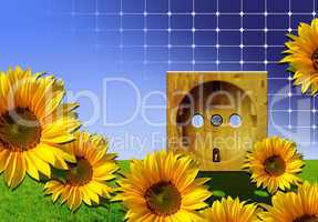 Umweltfreundliche Solar Energie - Sonnenblumen, Steckdose und Solarzellen - Ökostrom