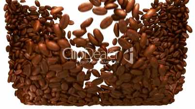 Coffee beans flow with slow motion over white